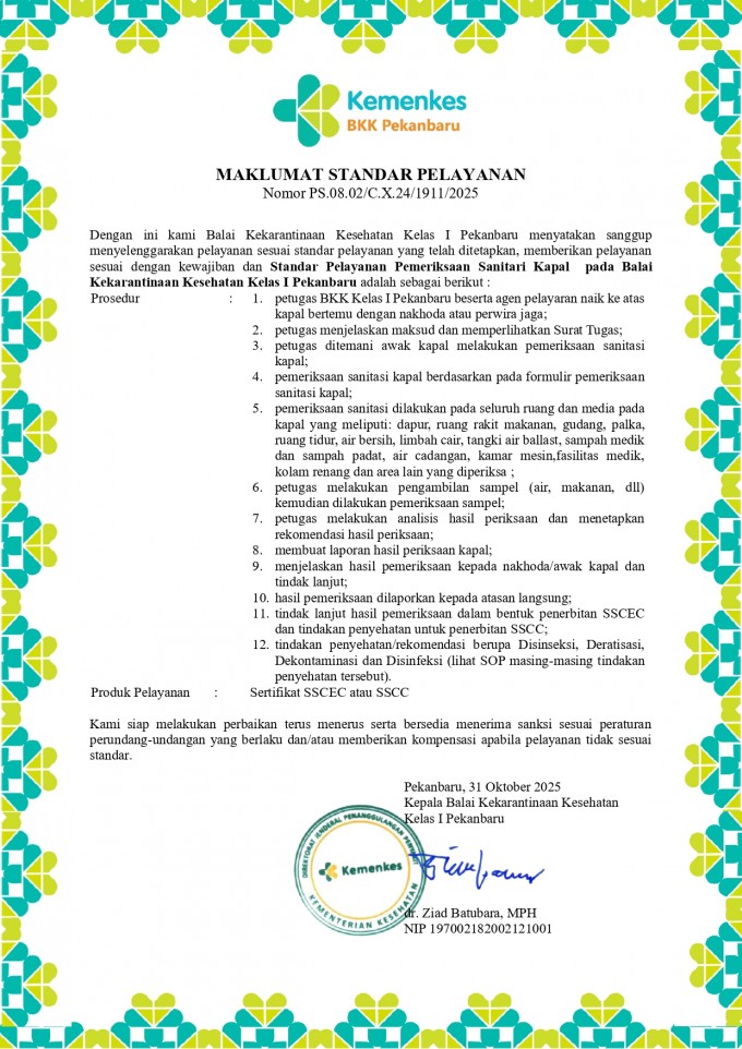 Maklumat Pelayanan Pemeriksaan Sanitasi Kapal